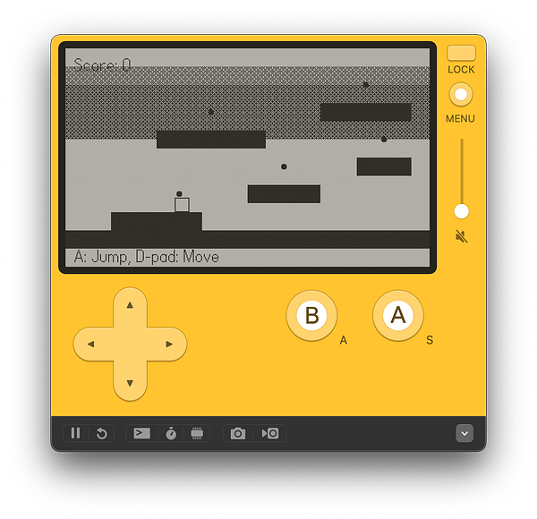 A digital handheld gaming device displaying a simple platform game.
