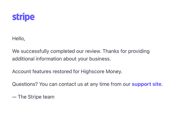The image displays a confirmation message from Stripe regarding the reinstatement of a business account.