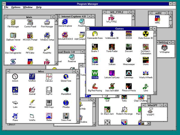 The image displays a vintage Windows Program Manager interface filled with various application icons and windows.