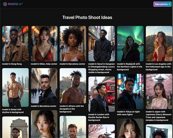 A grid of travel photo shoot ideas featuring models in various international locations.