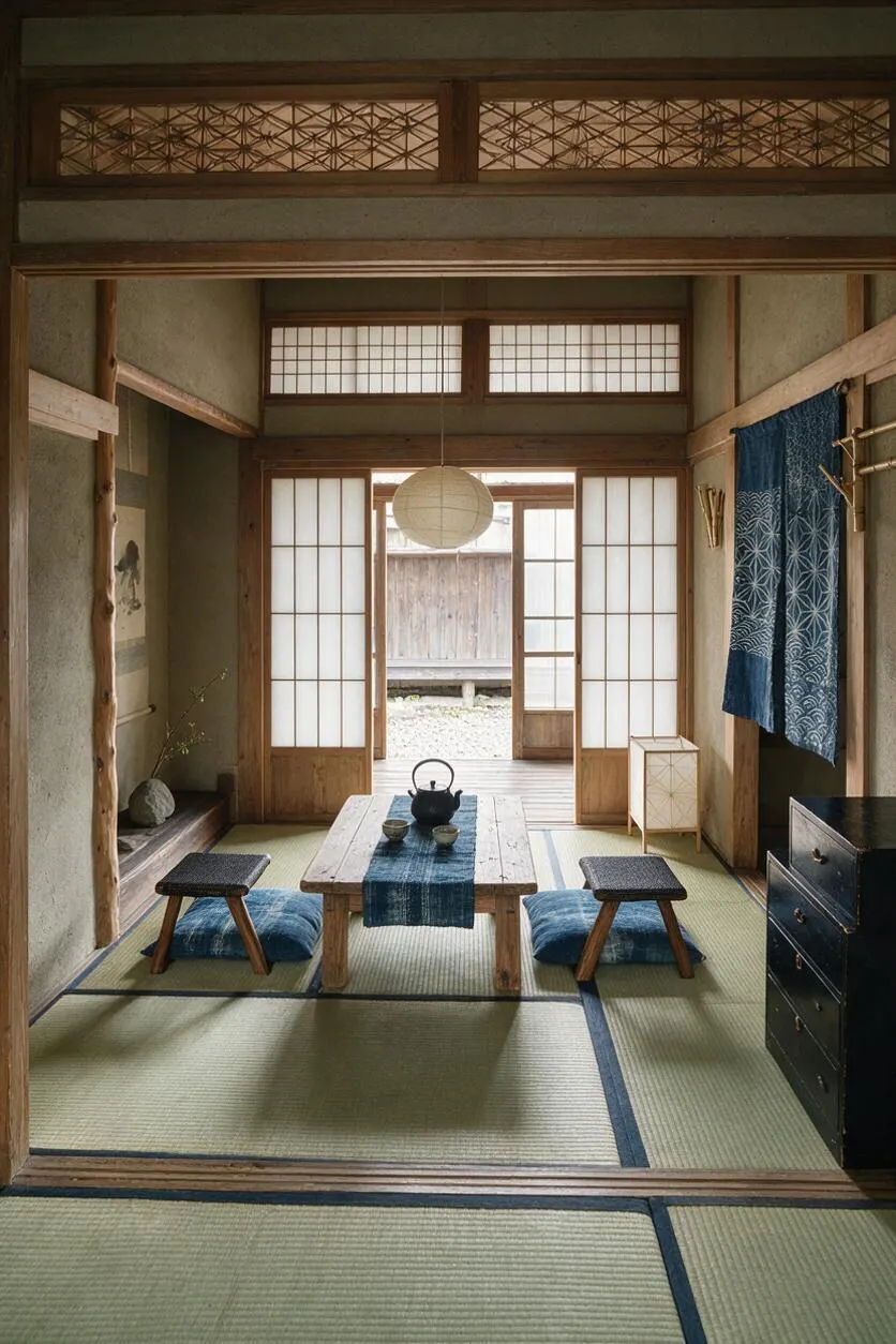 A traditional Japanese entryway with tatami mat flooring, sliding shoji doors, and exposed wood beams. A low wooden tea table with cushions and a paper lantern creates a calm, minimalist Zen atmosphere.