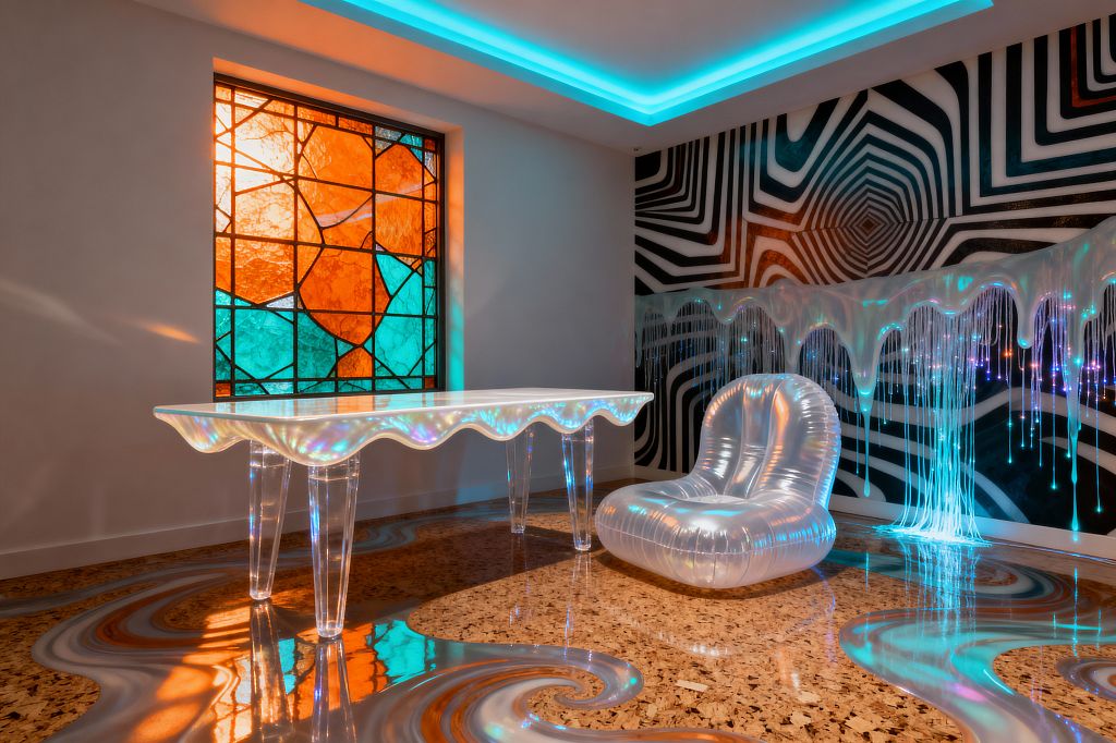 A home office with an iridescent, wave‑edged acrylic desk on clear legs sits before a black‑and‑white optical mural. An inflatable pearlescent lounge chair rests on a speckled floor with flowing epoxy swirls. A stained‑glass window in orange and teal casts colored light, while a ceiling cove glows cyan. A translucent, drippy wall installation with tiny fiber‑optic lights sparkles along one side.