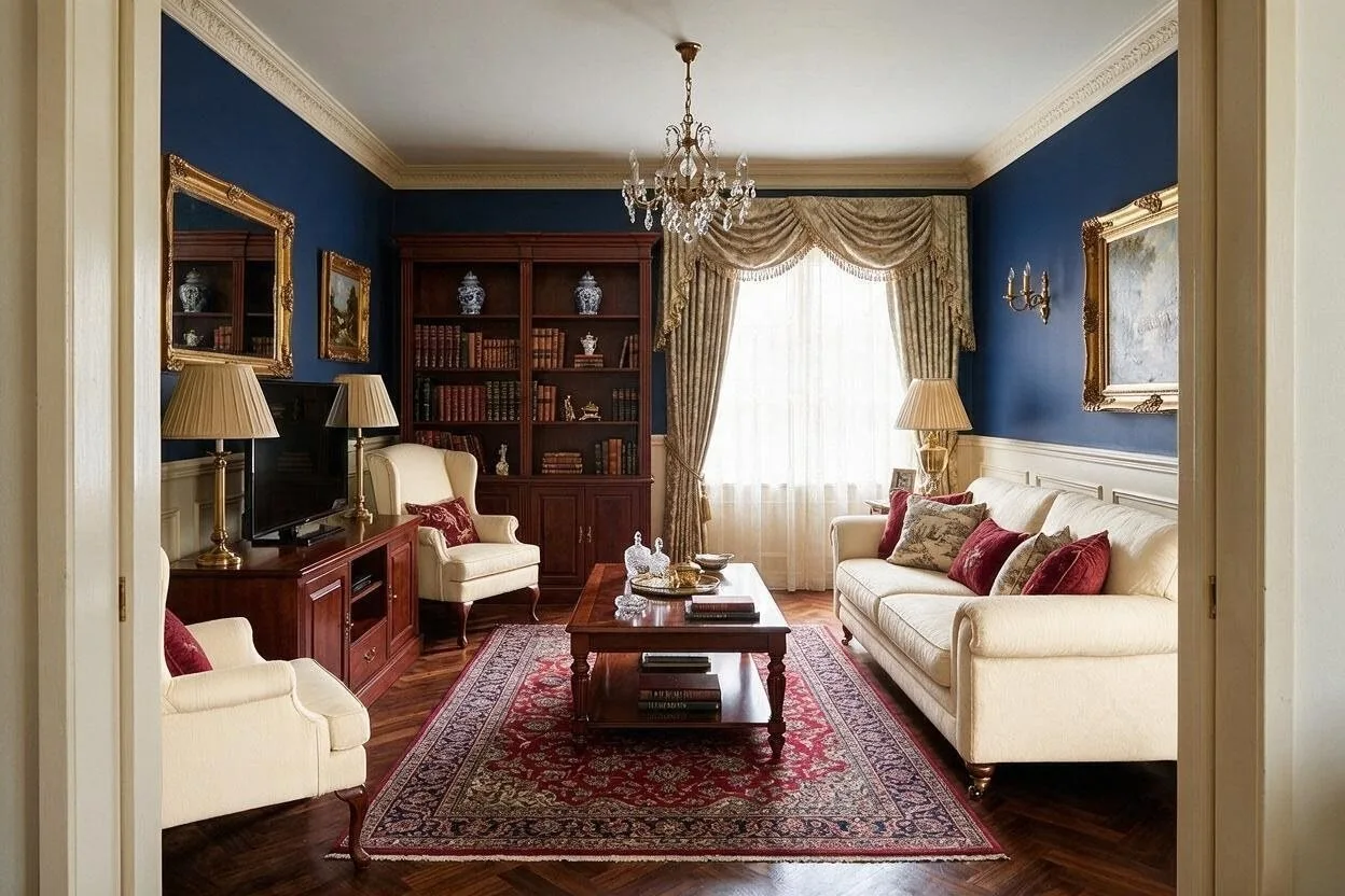 The same Traditional living room in the Navy and Cream palette: navy, cream, mahogany, antique brass, and burgundy