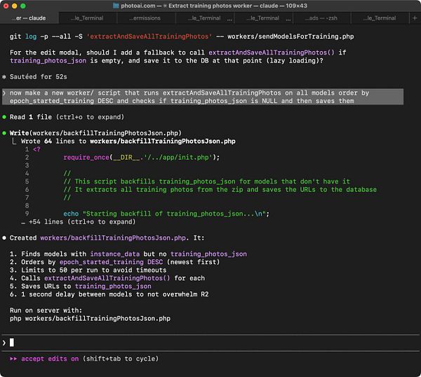 Screenshot showing a JSON file structure representing training photos for a model, with file paths and metadata.
