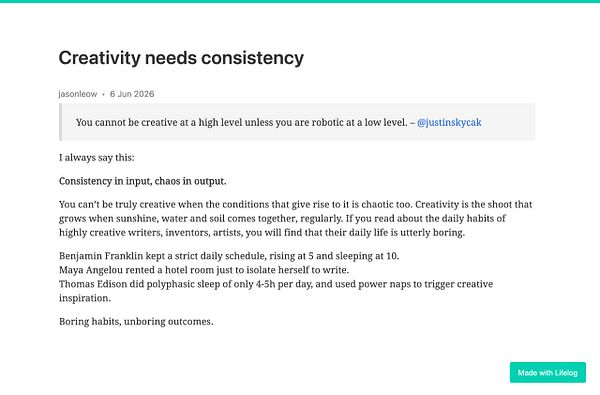 Colorful hand-lettered quote artwork that reads: "Creativity needs consistency" on a rainbow gradient background.