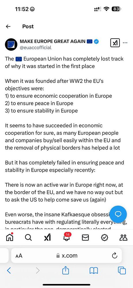 A social media post discussing the European Union's failure to meet its founding objectives.
