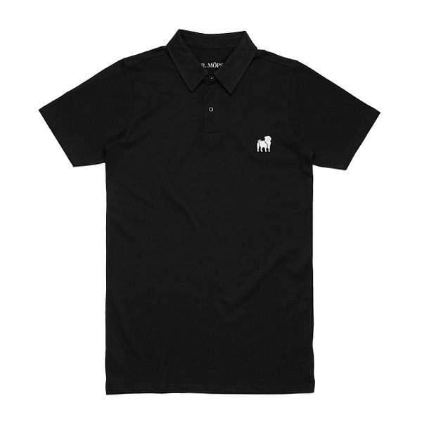 A black polo shirt featuring a small white logo of a pug on the left chest area.