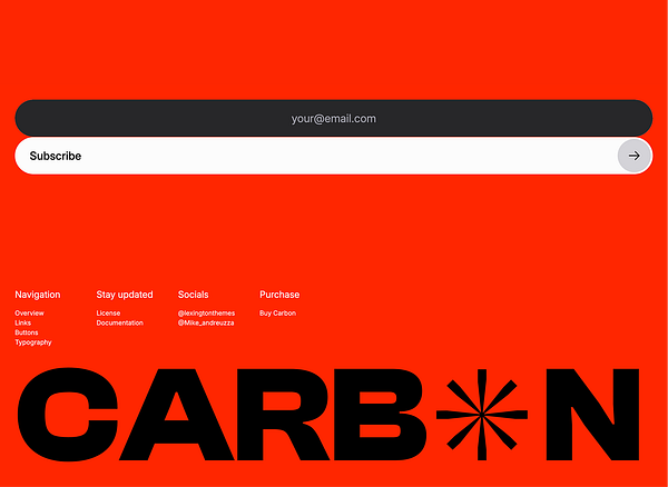 The image features a vibrant red background with a prominent subscription form and navigation elements for a website related to 'Carbon'.