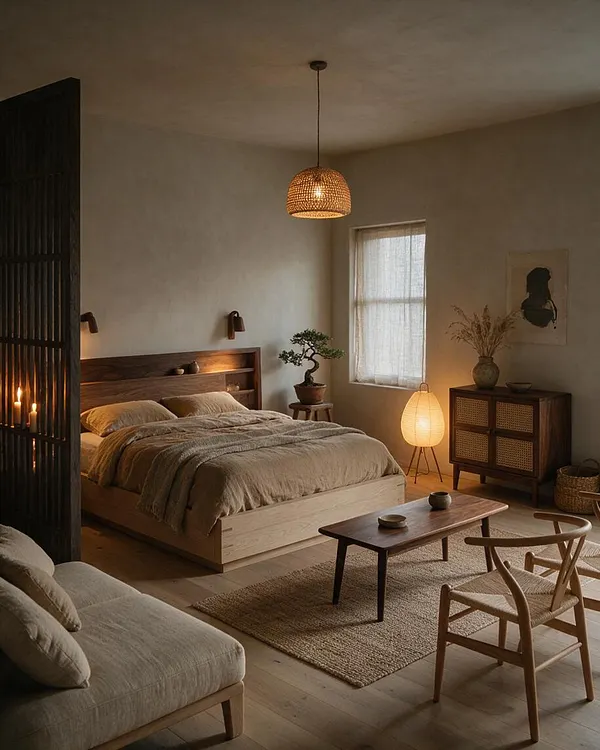 A serene Japandi-style bedroom with a low wooden bed dressed in beige linen bedding, a woven pendant light overhead, and soft ambient lighting. The room includes a small bonsai on a stool, a rattan-front cabinet, a floor lamp, a low coffee table, and a cushioned lounge chair on a woven rug.