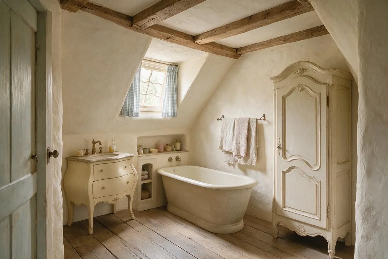 A French Country master bathroom with plaster walls, exposed wood ceiling beams, and wide plank wood floors. The room includes a curved cream vanity, a freestanding oval bathtub, a tall armoire-style cabinet, and a small window with checked curtains.