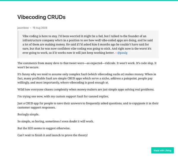 The image features a blog post discussing the concept of 'vibecoding' and its implications for simple CRUD applications.