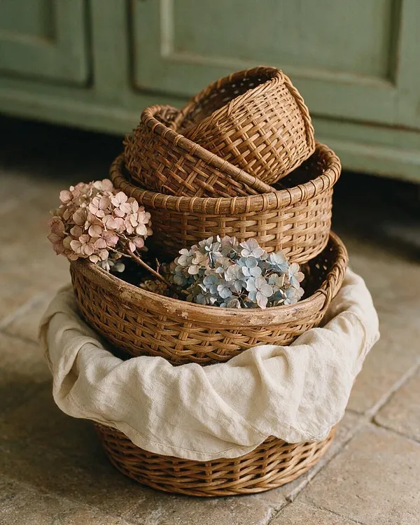Three nested wicker baskets are stacked on a stone floor, with a soft cream linen cloth draped around the base basket. Pale pink and blue hydrangea blooms rest inside the baskets, set against a muted sage-green cabinet in the background.