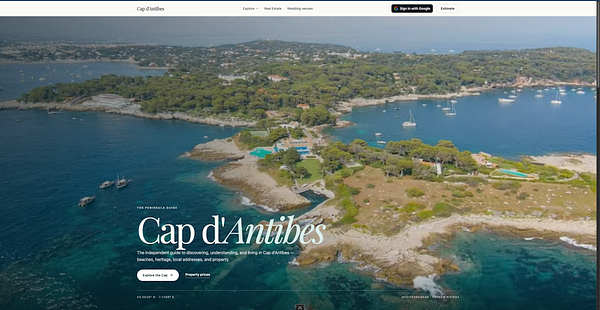 Website homepage design for Cap d'Antibes with navigation bar, hero image, and sections showcasing event planning and travel services.