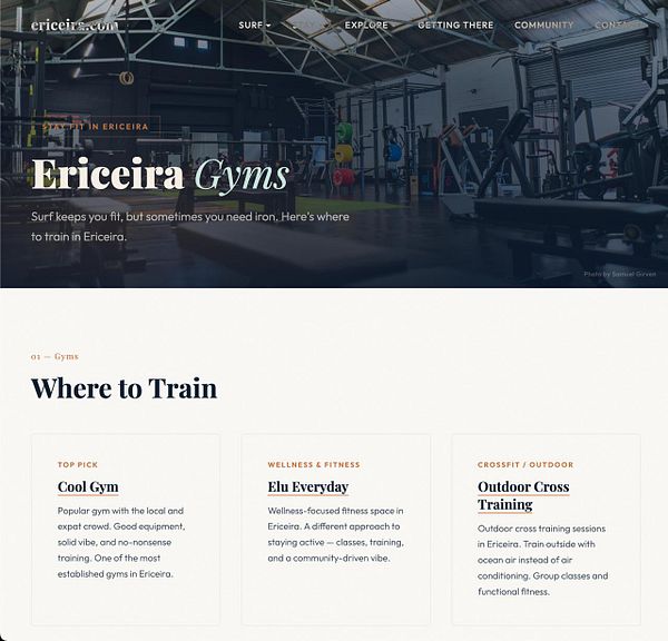 A webpage screenshot titled 'The Ericeira Gym Directory' listing multiple gyms in Ericeira with descriptions and links.