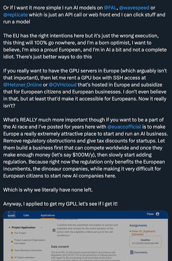 The image features a screenshot of a project application interface related to GPU access in Europe, alongside a detailed commentary on the challenges of AI business regulations in the EU.
