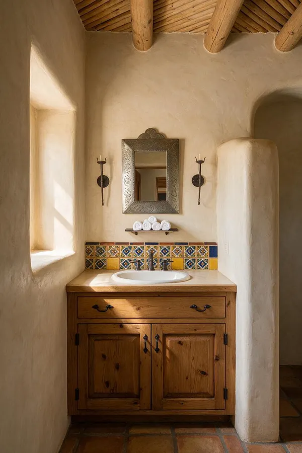 A small Southwestern powder room with smooth plaster walls, a wood vanity, and a white oval sink beneath a carved silver mirror. Colorful Talavera-style tile trim accents the backsplash, while wrought-iron sconces and exposed wood ceiling beams add rustic texture and warmth.