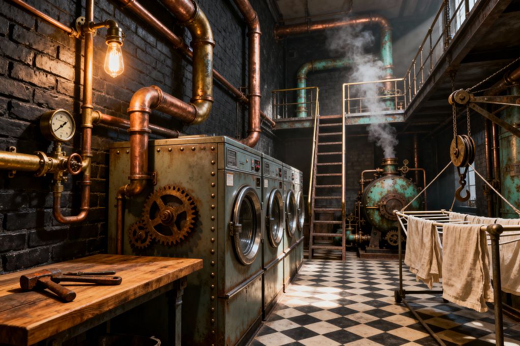 A steampunk laundry room with black brick walls and a black-and-white checkered floor features a row of front-loading washers in riveted, patinaed metal with exposed gears. Copper pipes, brass valves, and a glowing Edison bulb run along the wall, while a spherical boiler emits steam near a ladder to an upper mezzanine; a wood workbench with tools, a ceiling pulley with hook, and a rolling drying rack draped in linen complete the industrial scene.