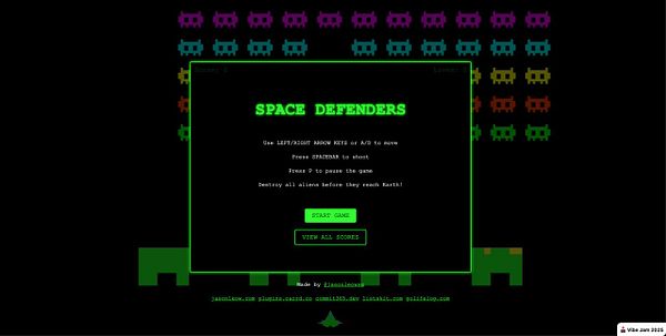 The image displays a retro-style game interface for 'Space Defenders'.