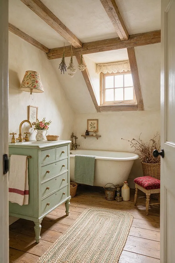 A cozy cottagecore master bathroom with exposed wooden ceiling beams, a small window with lace trim, and a mint green vanity topped with a brass faucet. A white clawfoot tub sits against the wall, surrounded by dried flowers, woven baskets, floral accents, and a braided rug on the wooden floor.