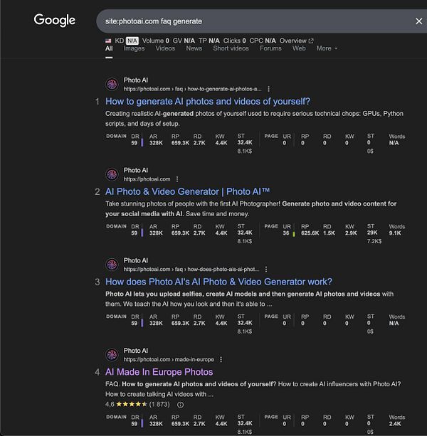 The image displays a Google search results page for the site 'photoai.com' with various FAQ entries.