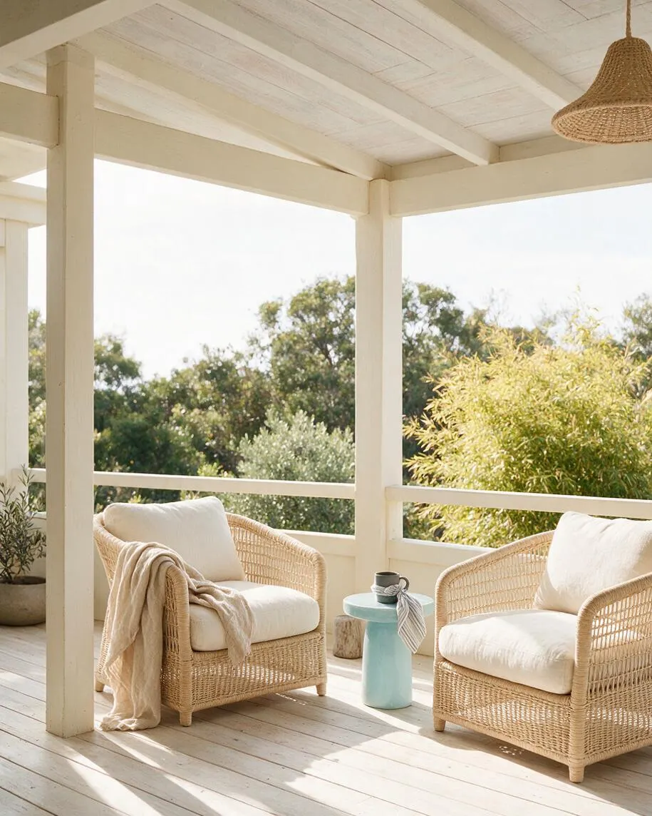 A bright covered porch with white-painted beams, pale wood flooring, and two woven wicker lounge chairs with cream cushions. A small aqua side table and natural-textured decor sit between the chairs, while trees and bamboo fill the view beyond the open railing.
