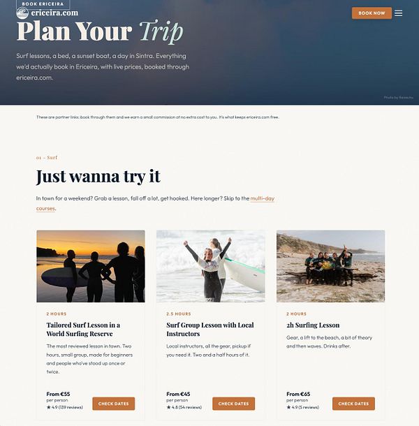Booking section of ericeira.com website offering surf lessons with direct booking buttons.