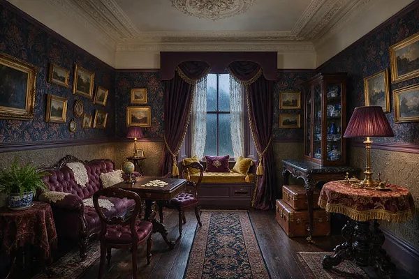 A richly decorated Victorian-style game room with dark floral wallpaper, ornate crown molding, and a central window dressed in deep plum drapes and lace curtains. The room includes a tufted burgundy sofa, carved wood chairs, a patterned runner, framed artwork, a glass cabinet, brass table lamps, and antique-style trunks and tables.