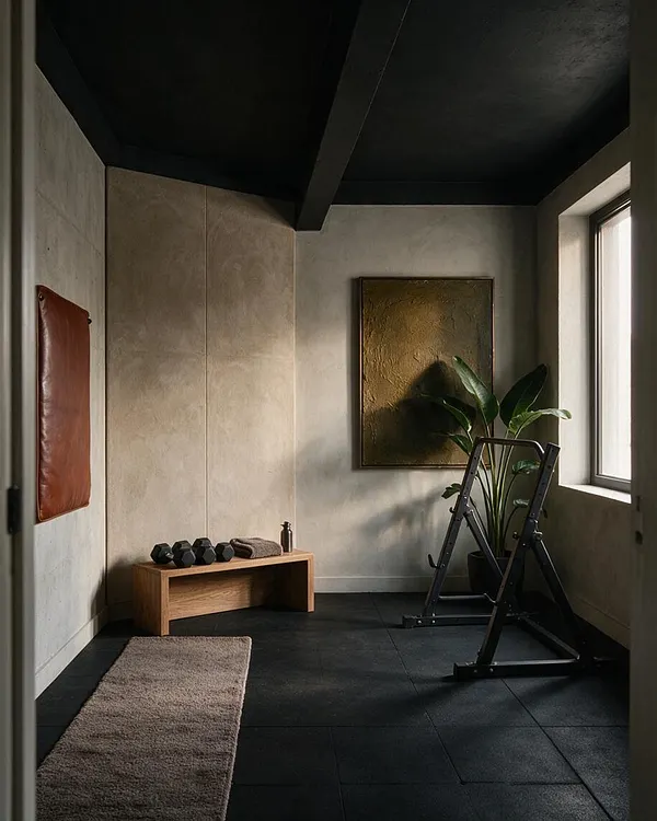A compact home gym with dark rubber flooring, rough plaster walls, and a matte black ceiling. A wooden bench with dumbbells and a towel sits along the back wall, while a padded mat, framed wall art, a potted plant, and a metal workout rack add warmth and structure beside a bright window.