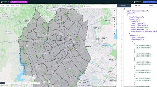 Map of Curitiba highlighting various neighborhoods with boundaries and labels.