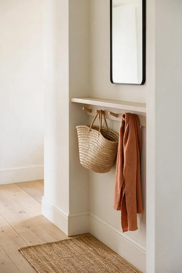 A narrow Scandinavian-style entry nook with white walls, light wood floors, and a simple shelf with hooks. A woven straw basket and a rust-colored scarf hang below a slim black-framed mirror, with a natural jute rug on the floor.