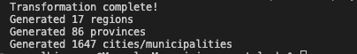The image displays a terminal output indicating the completion of a data transformation process.