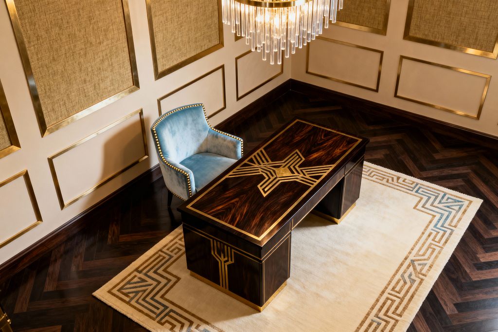 Overhead view of a Vintage Glam home office featuring a rectangular dark wood desk with geometric brass inlays on a cream rug with an Art Deco border. A powder-blue velvet armchair with brass nailhead trim sits nearby. Cream walls are detailed with gold panel moulding and textured fabric inserts. Dark herringbone hardwood floors anchor the space, and a tiered crystal-rod chandelier casts warm, sparkling light across the room.