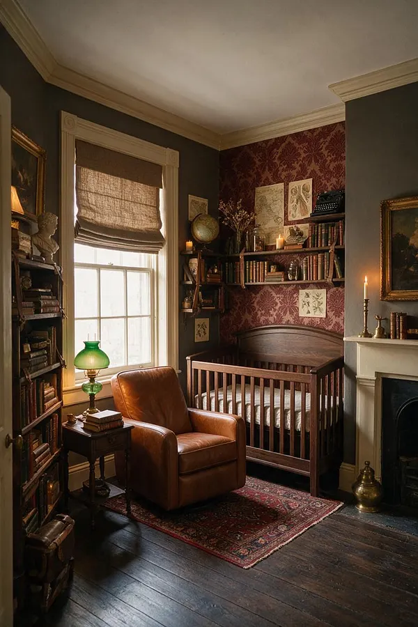A moody nursery styled in Dark Academia aesthetics features a dark wood crib against burgundy patterned wallpaper, surrounded by built-in and freestanding bookshelves filled with old books and decorative objects. A brown leather armchair sits beside a small side table and green glass lamp, while an antique-style rug, fireplace mantel, and framed art complete the scholarly, vintage atmosphere.