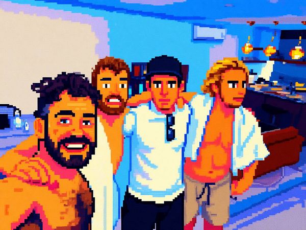 A group of four friends poses together in a pixel art style image.