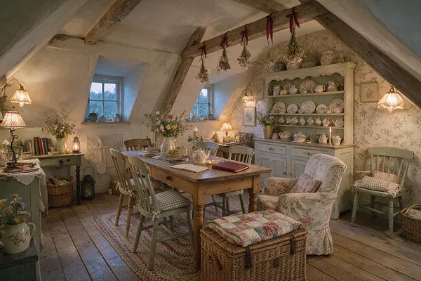A warm cottagecore home office in an attic-like room with exposed wooden beams, floral wallpaper, and soft vintage furnishings. A large wooden table serves as a desk area, surrounded by painted chairs, a floral armchair, open shelving with china, dried flowers hanging from the ceiling, and gentle lamp lighting.