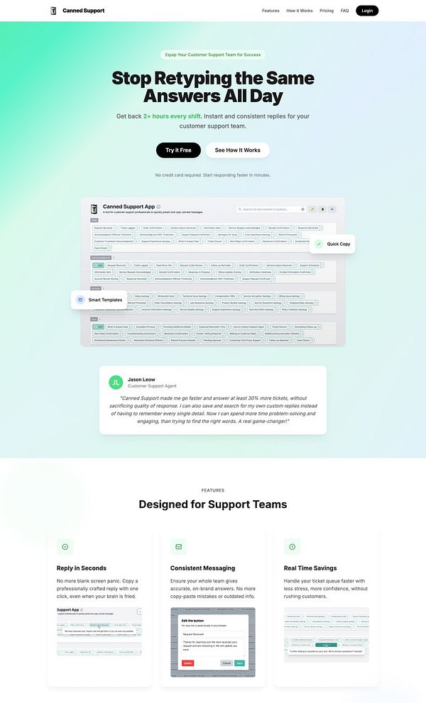 The image displays a promotional webpage for the Canned Support tool designed for customer support teams.