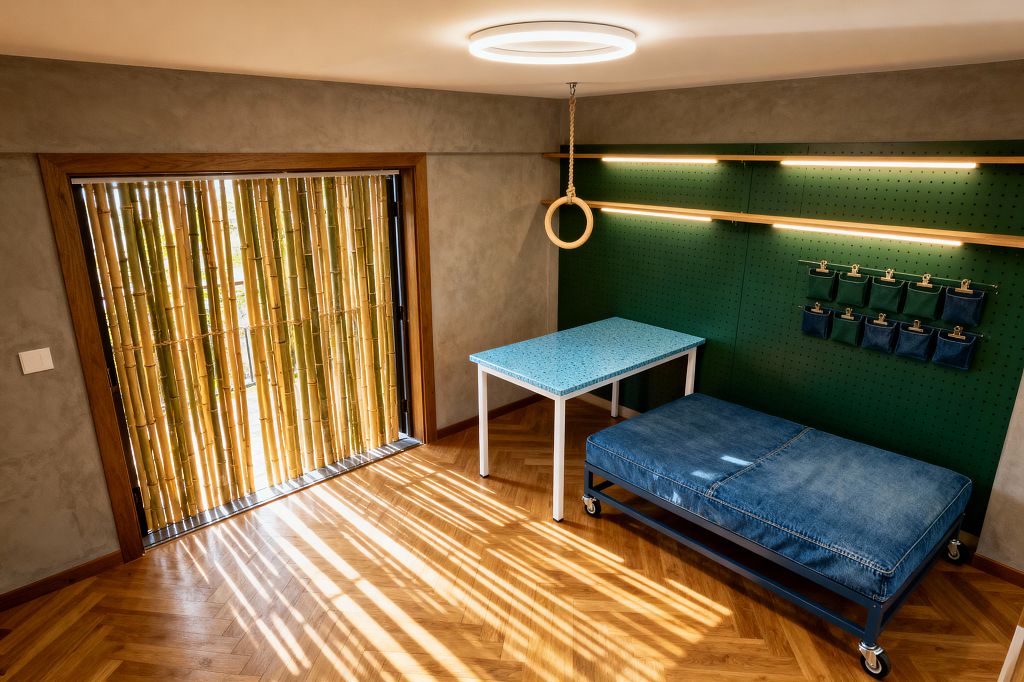 A modern children's room with a herringbone oak floor and a large window screened by vertical bamboo poles, casting striped light across the space. Along a forest-green pegboard wall, a speckled blue desk sits beside a denim-upholstered rolling daybed; linear LED strips and small hanging pouches provide task lighting and storage, while a single wooden gym ring hangs from the ceiling under a circular ceiling light, all set against smooth gray plaster walls.