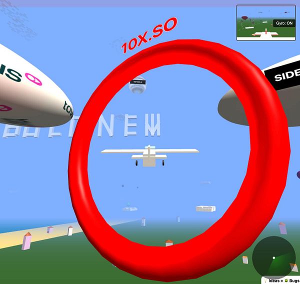 A virtual environment featuring a red fly-through ring with a small airplane approaching it.