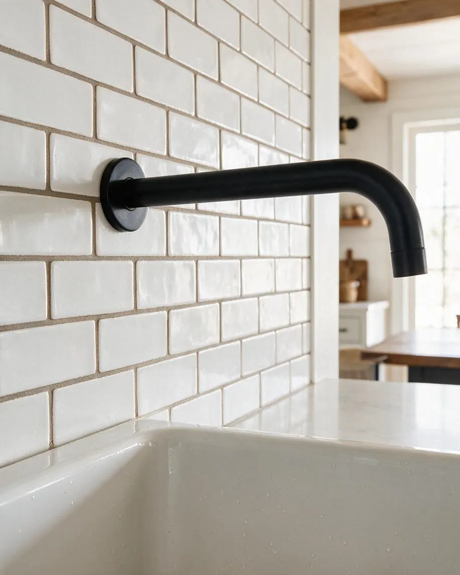 A close-up of a matte black wall-mounted faucet extending over a light sink, set against glossy white subway tile with warm grout. In the background, a bright farmhouse-style room with natural wood accents and soft neutral finishes is softly out of focus.