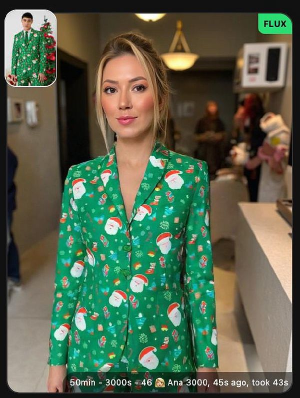 A woman is wearing a festive green suit adorned with Santa Claus motifs.