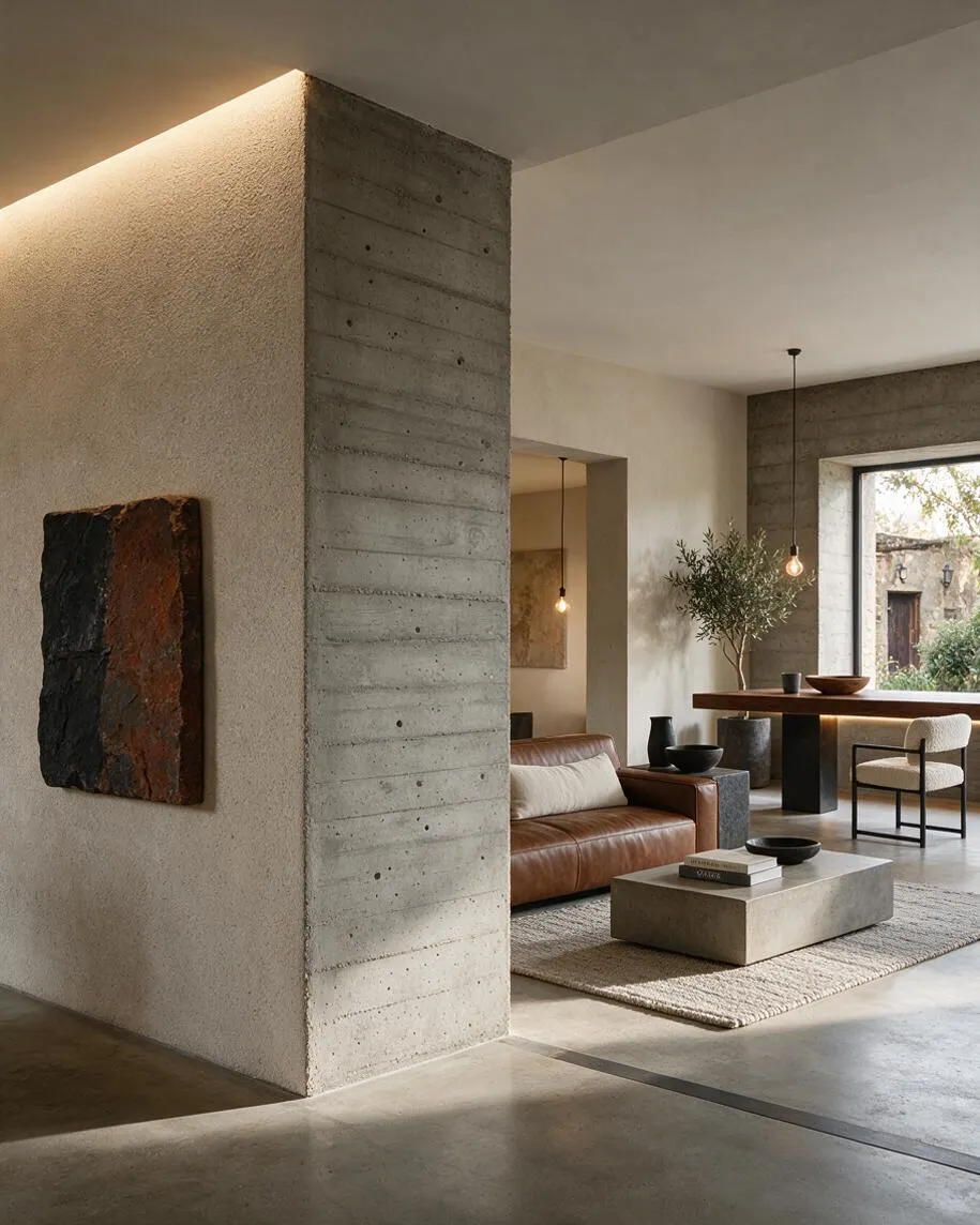 A warm minimalist living space centered on a raw concrete partition with horizontal formwork lines and a softly textured plaster wall. The room includes a brown leather sofa, a concrete coffee table, woven rug, sculptural wall art, pendant lights, and a large window bringing in natural light.
