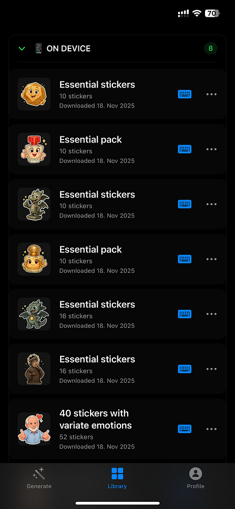 The image displays a mobile app interface showcasing various sticker packs available for download.