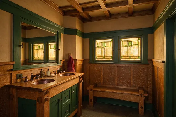A Craftsman-style powder room with a green painted vanity, dual round sinks, and a large wall mirror above a wood countertop. The room features warm wood wainscoting, a matching wooden bench, and two leaded-glass windows with amber and green details, all under a coffered wood ceiling.