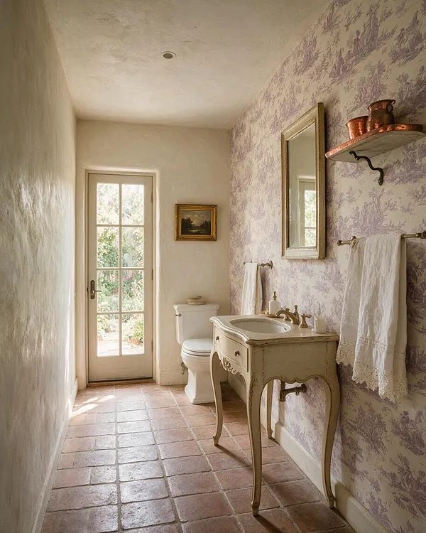 A narrow powder room with terracotta tile floors, a cream French-style vanity, and a toilet near a glass-paneled door. One wall is covered in lavender toile wallpaper, with a gold-framed mirror, towel bars, and copper accents adding a rustic French Country feel.