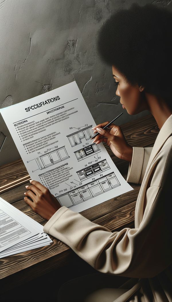 An interior designer reviewing a detailed set of specifications for a kitchen remodel, showing text descriptions alongside drawings of cabinetry and fixtures.