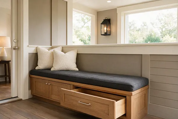 A transitional front porch with a long built-in wooden bench topped with a dark charcoal cushion and two textured cream pillows. The porch features taupe walls, white trim, wide windows with soft daylight, a black lantern-style wall sconce, and warm wood flooring.