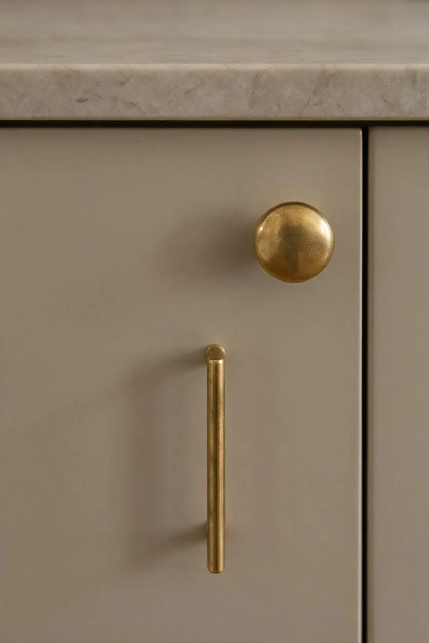 A close-up of a taupe cabinet door beneath a light stone countertop, featuring a rounded brass knob and a slim vertical brass pull. The composition highlights the smooth painted finish, warm metallic hardware, and clean Transitional styling.