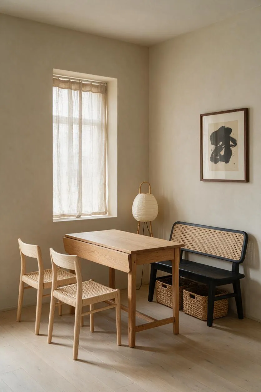 A serene Japandi dining room with a small light oak table, two woven-seat chairs, and a black bench with cane backing. Soft beige walls, a sheer curtained window, a framed abstract artwork, and a woven floor lamp create a calm, natural atmosphere.