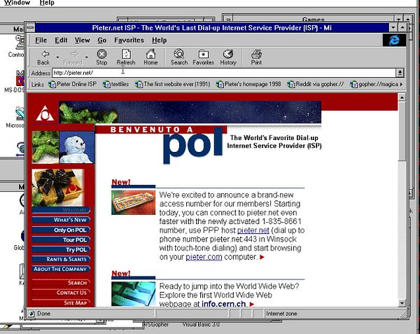 The image displays a vintage web browser interface showing the homepage of Pieter.net, a dial-up Internet Service Provider.