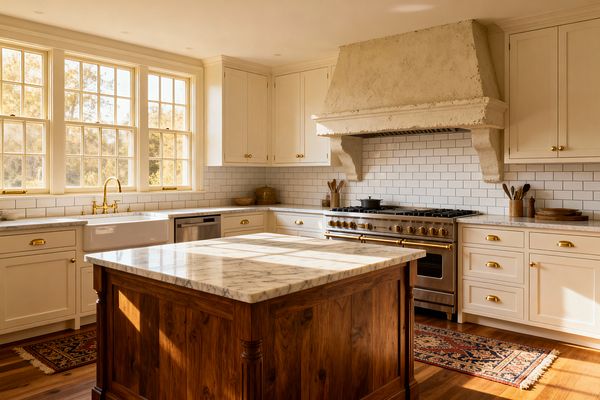 A sunlit traditional kitchen features cream Shaker cabinets with brass bin pulls and knobs, a white fireclay farmhouse sink under tall divided-light windows, and a large plaster range hood with corbels above a stainless pro range. White subway tile with light gray grout lines the walls, while a walnut island topped with veined white marble anchors the space on warm hardwood floors with patterned runners.
